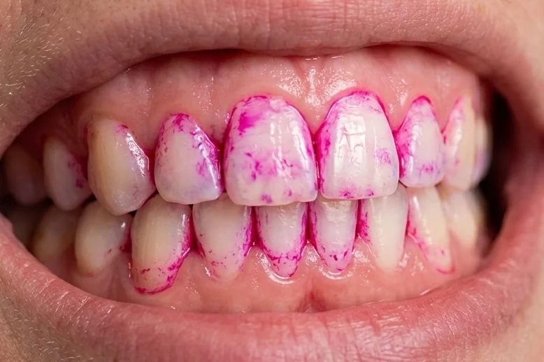 Sichtbarer Biofilm durch Plaque-Anfärbung: Violett markierte Zahnbeläge vor der präzisen EMS GBT Zahnreinigung.