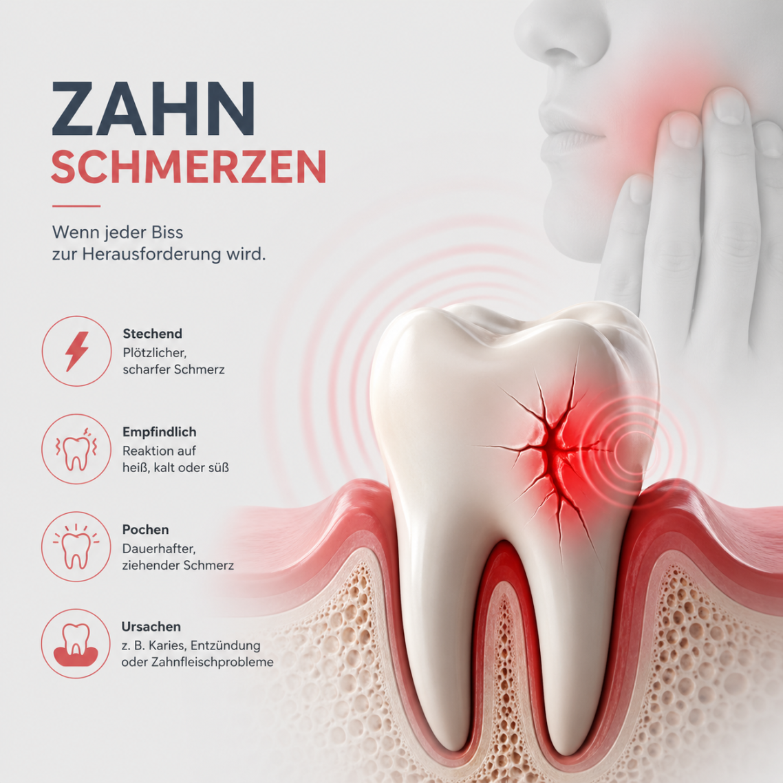 Zahn mit Schmerzsymptomen, umgeben von roten Wellen und Informationspunkten.