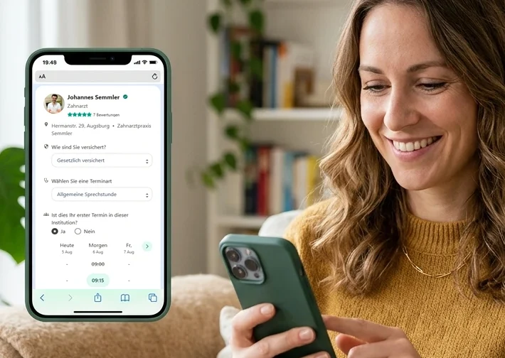 Schnelle Online-Terminbuchung: Ihr Wunschtermin bei Zahnarztpraxis Semmler Augsburg. Patientin bucht entspannt online einen Termin bei Zahnarztpraxis Semmler in Augsburg über das Smartphone.