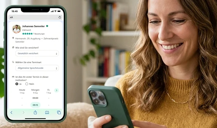 Schnelle Online-Terminbuchung: Ihr Wunschtermin bei Zahnarztpraxis Semmler Augsburg. Patientin bucht entspannt online einen Termin bei Zahnarztpraxis Semmler in Augsburg über das Smartphone.